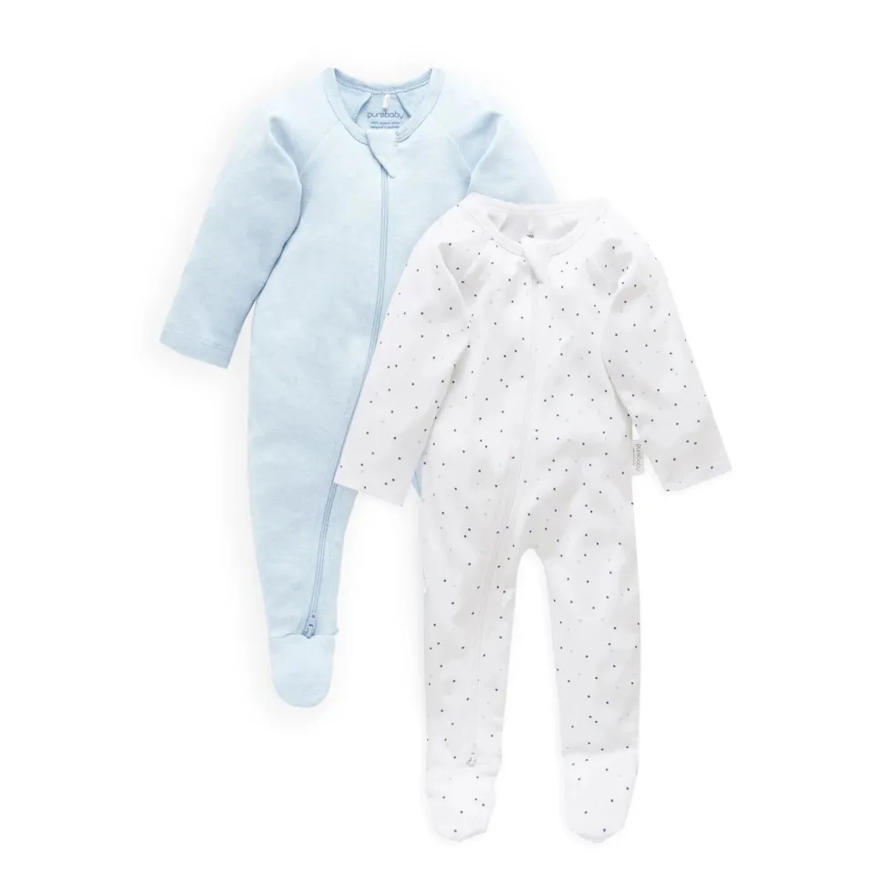 2 Pack Zip Growsuit - Pale Blue Spot/Soft Blue Melange